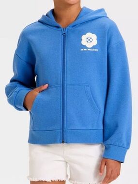 Cat & Jack NEW S 6/7 Kids Girl Blue Zip-Up Hoodie with Flower Graphic Relaxed